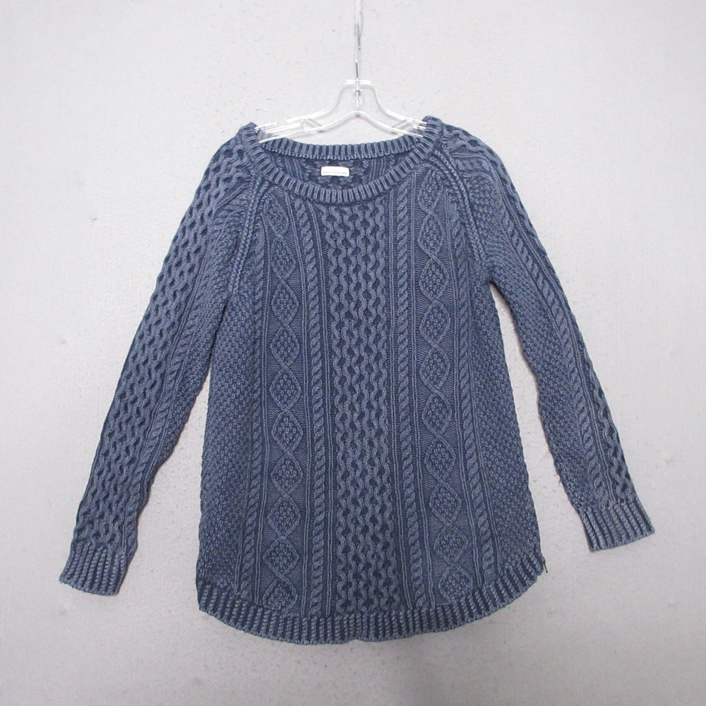 LL Bean Signature Sweater Tunic Women Medium Blue Cable‎ Knit Cotton Fisherman